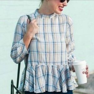 Anthropologie Maeve Women's Pastel Plaid High-Neck Sava Ruffled Swing